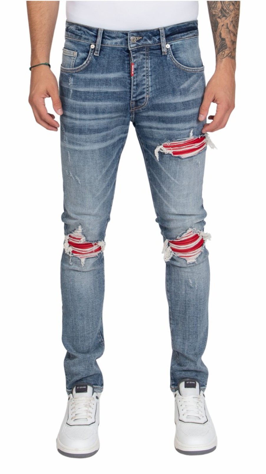 Men My Brand Jeans | Red Ripped Biker Jeans