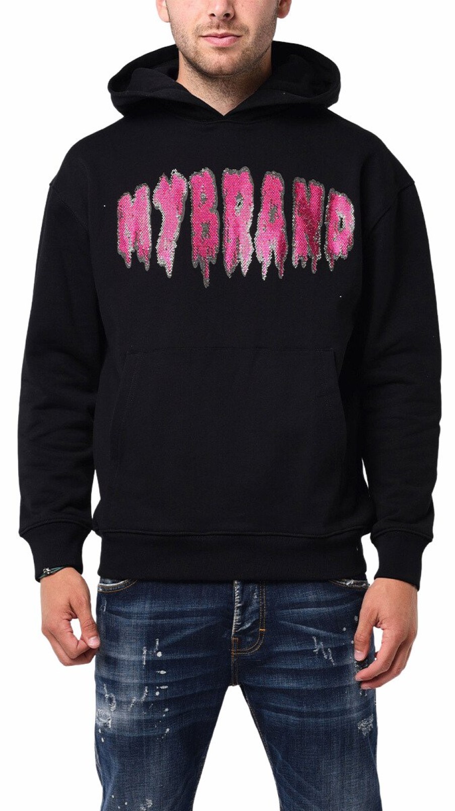 Men My Brand Hoodies | Mb Logo Rhinestones Graffiti Magenta Hoodie