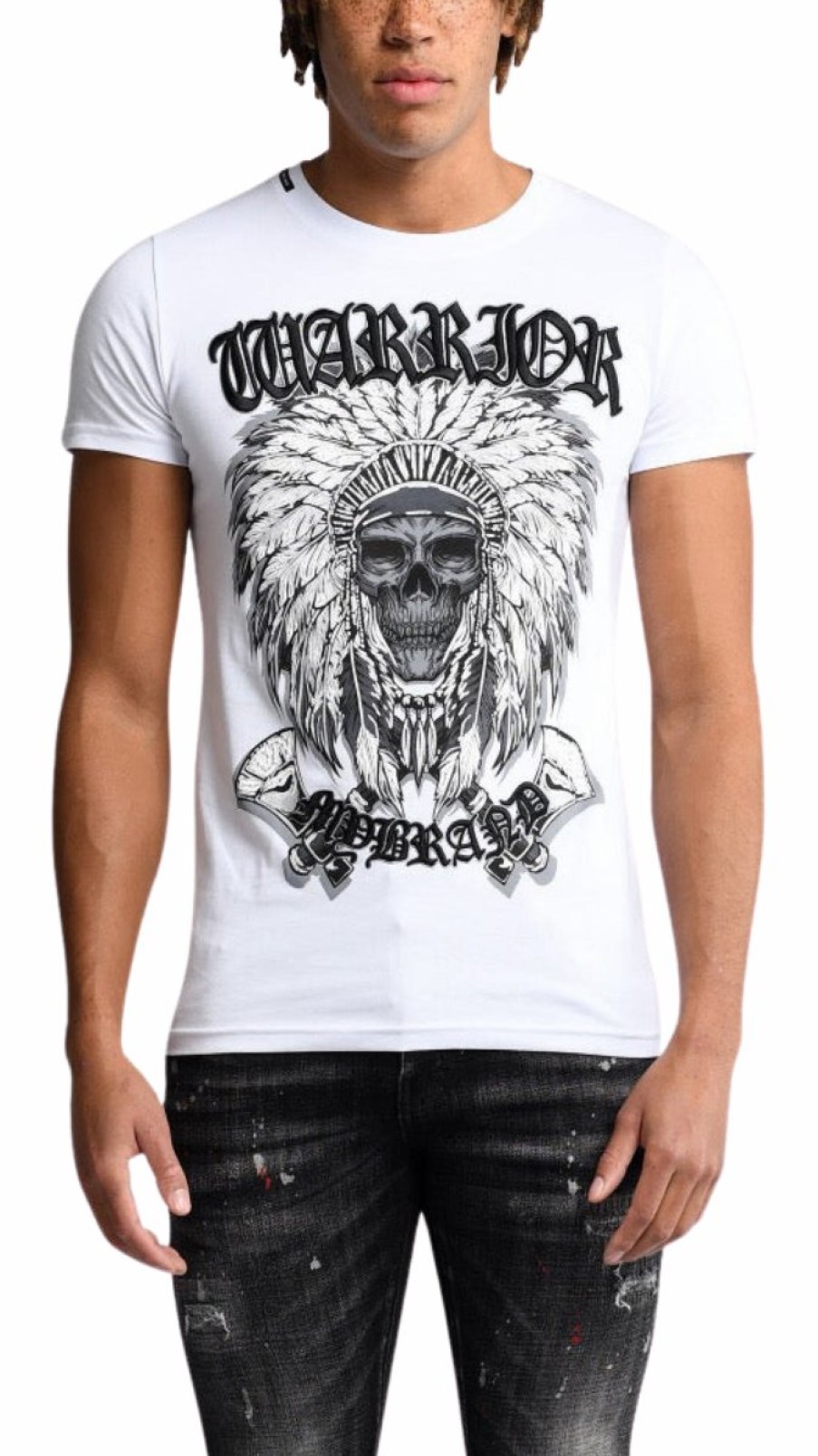 Men My Brand T-Shirts | Warrior Indian Skull T-Shirt White