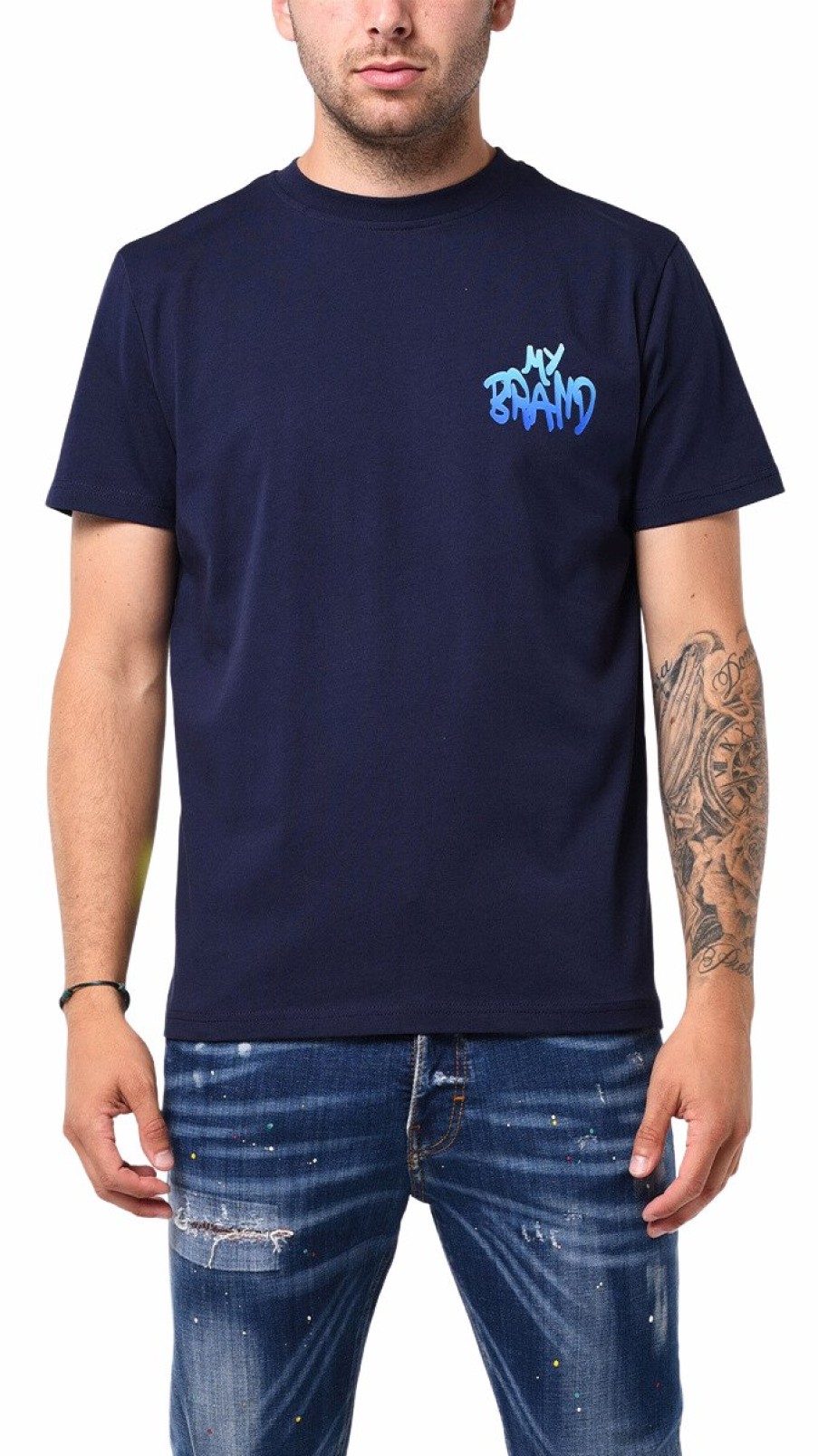 Men My Brand T-Shirts | Mb Logo Graffiti Patch Ocean Blue Gradient Tshirt