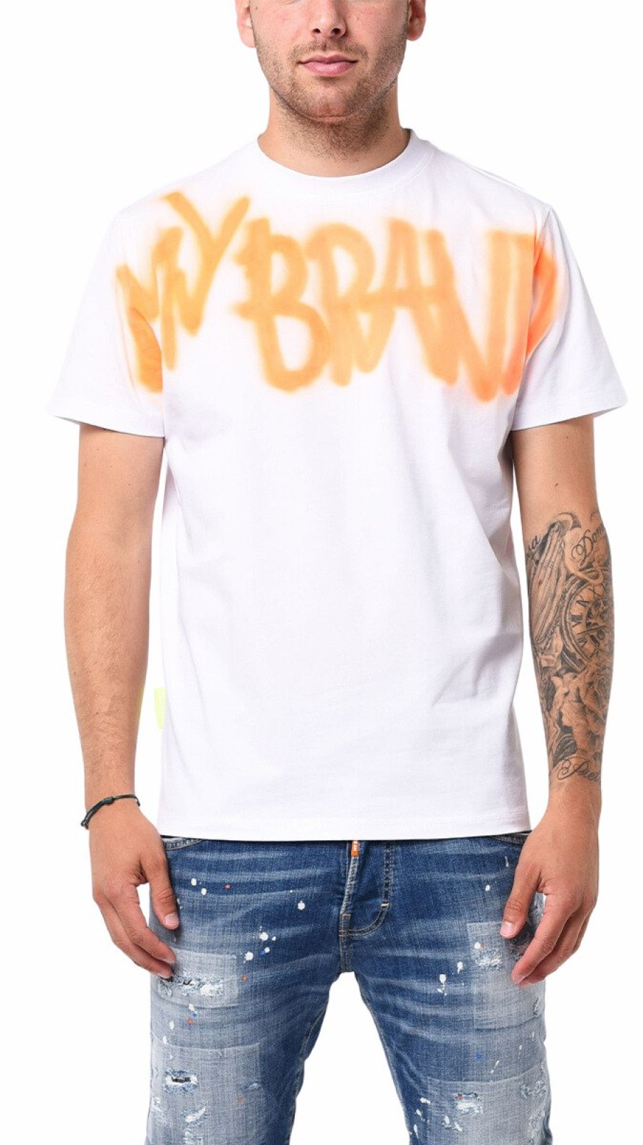 Men My Brand T-Shirts | Mb Logo Graffiti Spray Neon Orange Tshirt