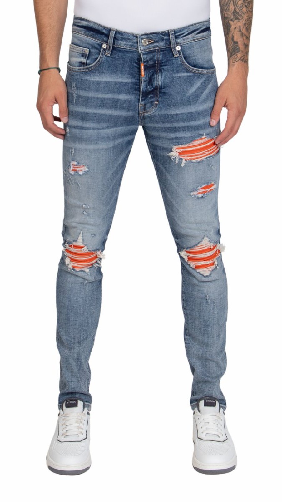 Men My Brand Jeans | Orange Ripped Biker Jeans