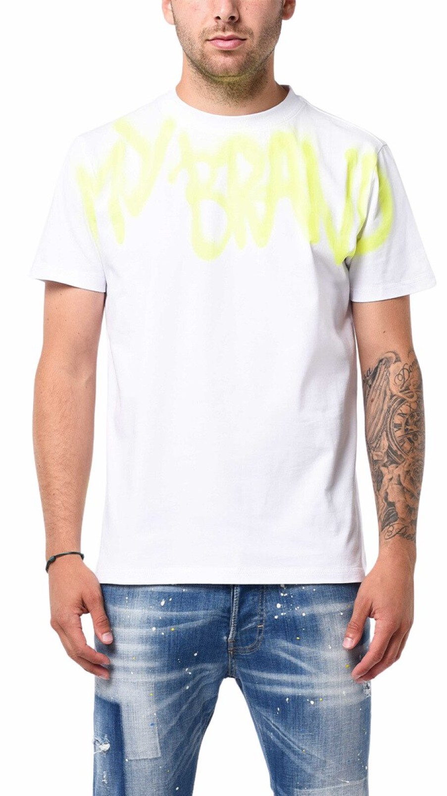 Men My Brand T-Shirts | Mb Logo Graffiti Spray Neon Yellow Tshirt