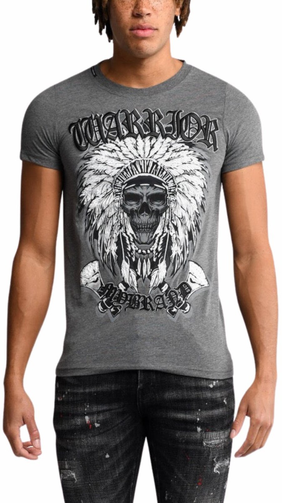 Men My Brand T-Shirts | Warrior Indian Skull T-Shirt Grey